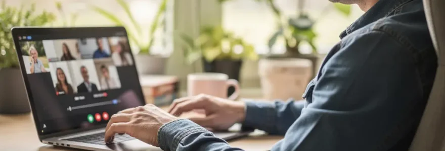 Professionnel français en télétravail international concentré sur visioconférence