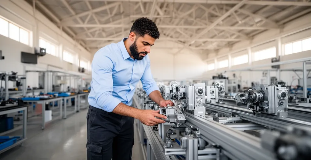 Ingénieur marocain inspectant équipement sur ligne de production automobile