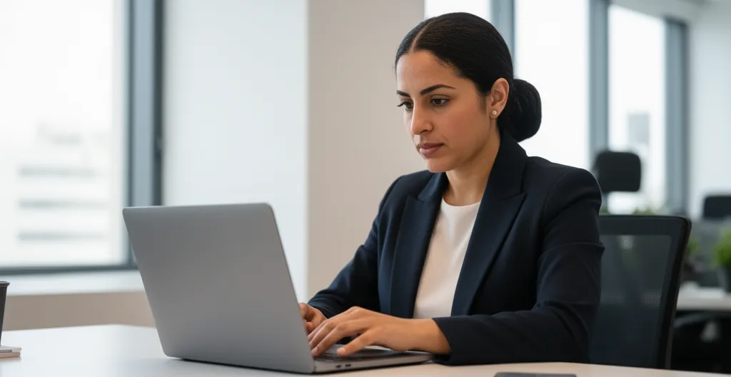Professionnelle marocaine concentrée sur son ordinateur dans un espace de coworking moderne