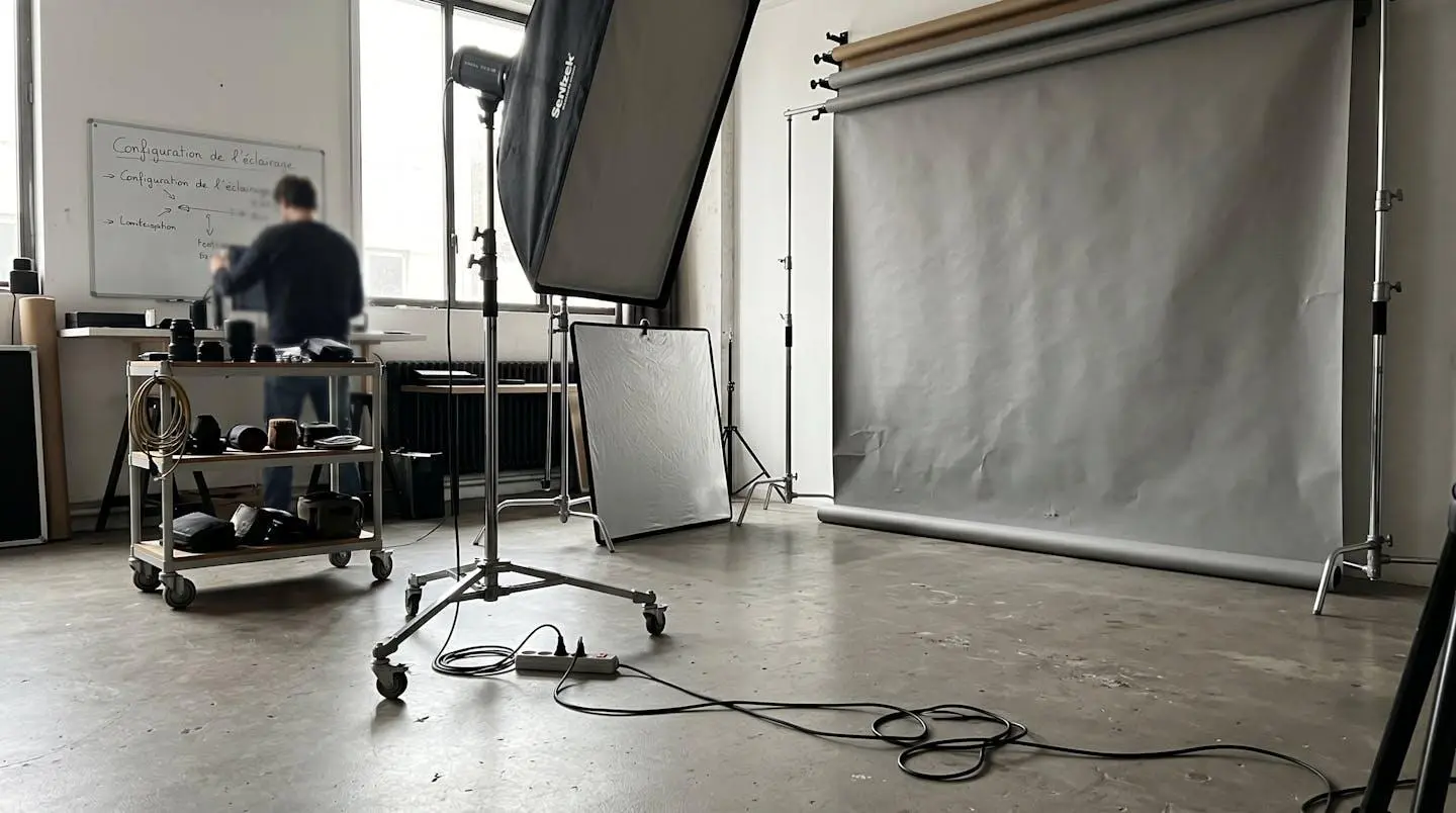 Installation d'éclairage de studio photographique professionnel avec grande softbox sur pied roulant, panneau réflecteur et système de fond neutre dans un espace de travail épuré