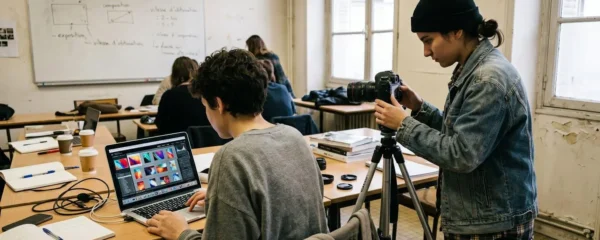 Deux étudiants en photographie collaborent sur un projet, l'un réglant un appareil photo professionnel pendant que l'autre examine des images sur ordinateur portable dans une salle de cours lumineuse