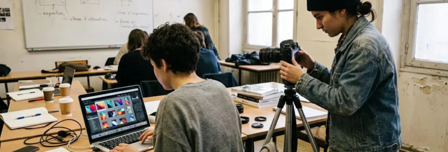 Deux étudiants en photographie collaborent sur un projet, l'un réglant un appareil photo professionnel pendant que l'autre examine des images sur ordinateur portable dans une salle de cours lumineuse