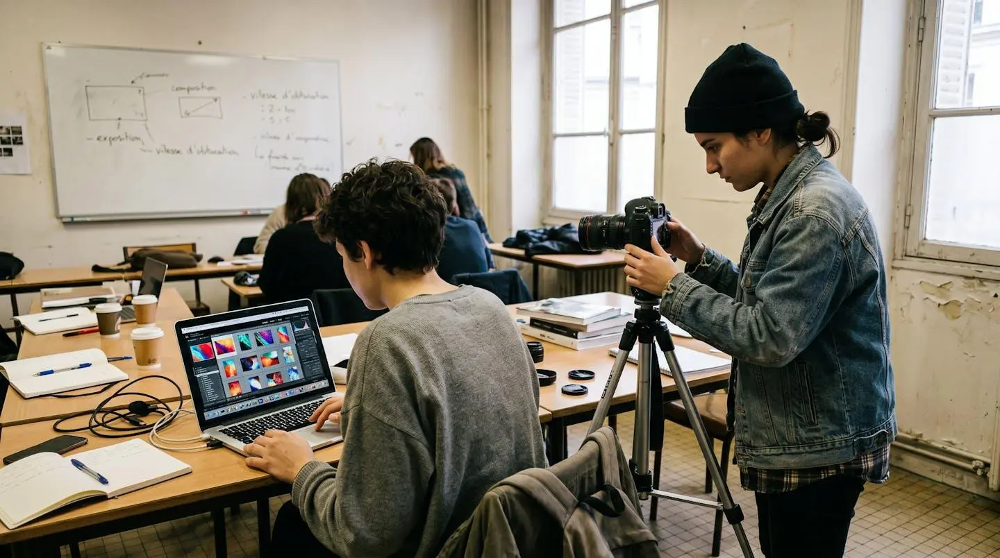 Deux étudiants en photographie collaborent sur un projet, l'un réglant un appareil photo professionnel pendant que l'autre examine des images sur ordinateur portable dans une salle de cours lumineuse
